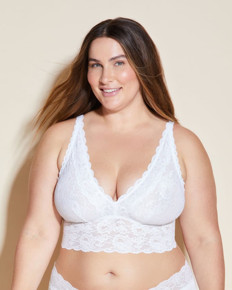 Front of a model wearing a size 1X Plungie Longline Lace Bralette in White by Cosabella. | dia_product_style_image_id:274441